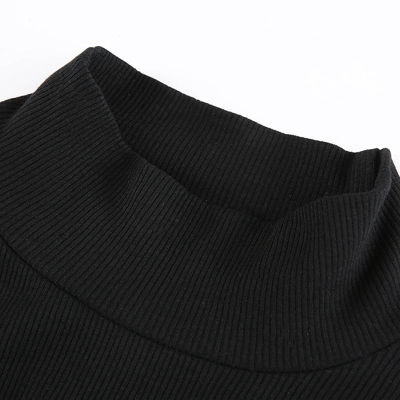 Women High Collar T-shirt Long Sleeve Pullover Solid Color Crop Top