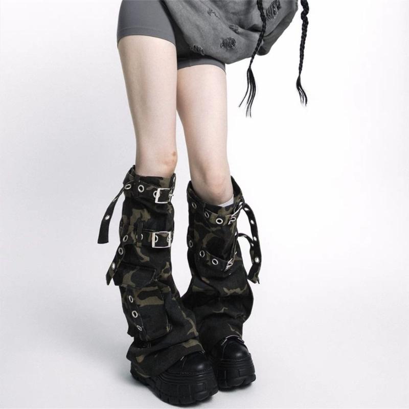 Womens Harajuku Punk Camouflage Denims Flared Leg Warmer Buckled Eyelets Straps Cargo Leg Cover Stockings Streetwear