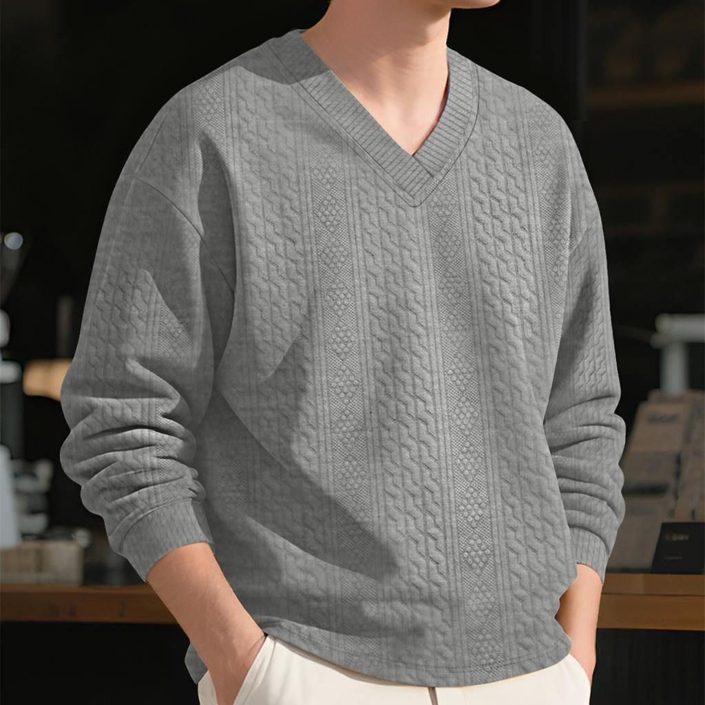 Men Vertical Cable Jacquard Textured V Neck Sweatshirt Ribbed Cuffs Long Sleeve Loose Fit Solid Color Spring Fall Daily Smart Casual Pullover Top