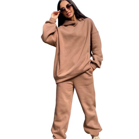 2 Pcs/Set Women Autumn Tracksuit Solid Color Loose Elastic Waist Thick Hooded Keep Warm Pocket Elastic Cuff Deep Crotch Winter