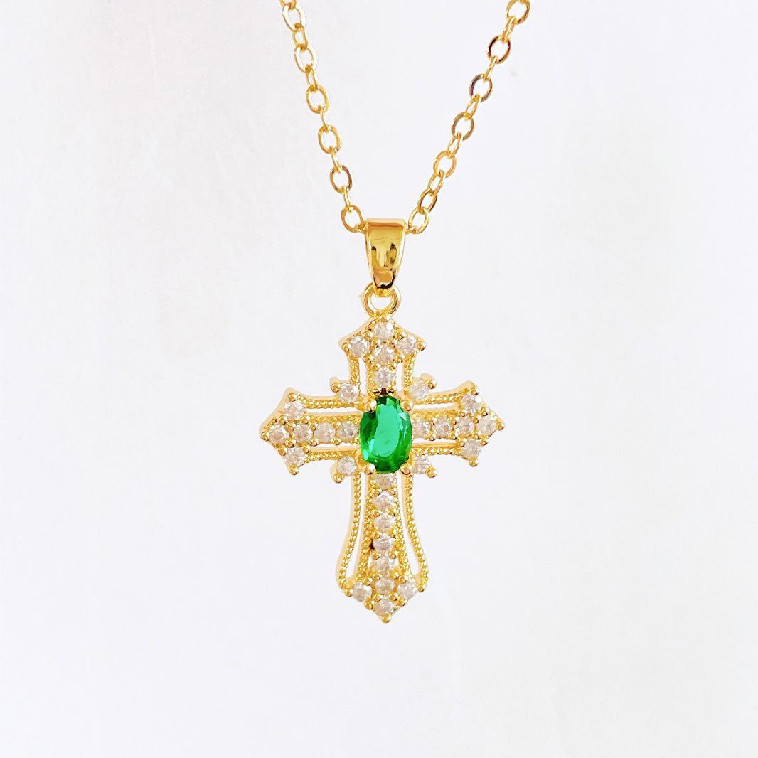 Unisex Colored Zircon Cross Pendant Necklace - European  American Niche Design