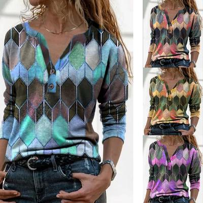 Summer New Long-sleeved Digital Printed V-neck Pullover Long-sleeved Loose Bottoming Shirt T-shirt for Women
