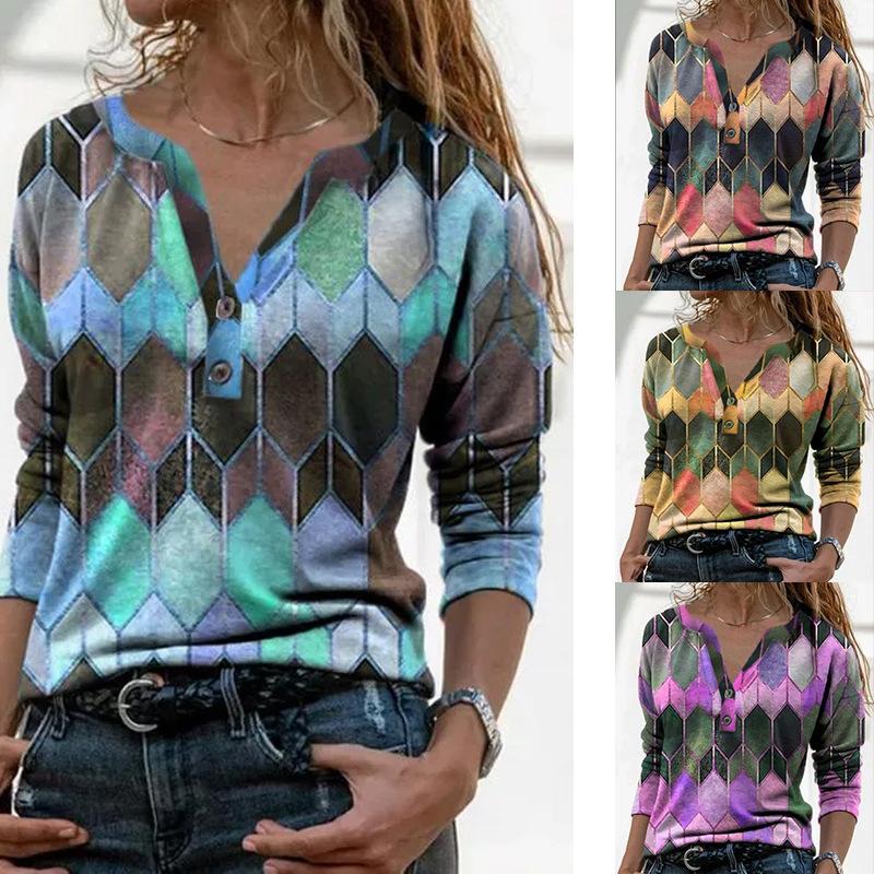Summer New Long-sleeved Digital Printed V-neck Pullover Long-sleeved Loose Bottoming Shirt T-shirt for Women