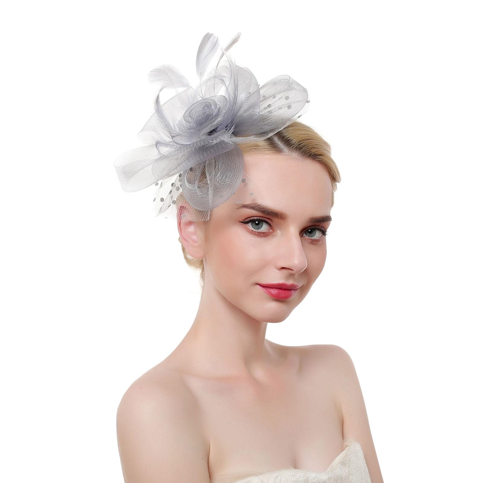 

Широкая повязка на голову для шляп для женщин, шляпки, женская шляпа с цветком и пером для чаепития, коктейля, резинки для волос для девочек One Size