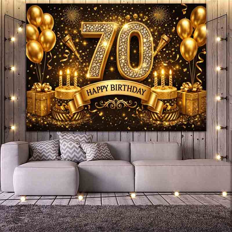 Black Gold 70th Happy Birthday Photography Backdrop Diamond Number Golden Balloon Cake 70 Years Old Birthday Party Photo