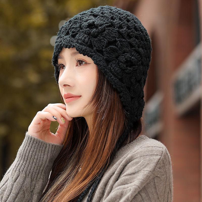 New Tassel Red Flower Hat Cute Autumn and Winter Bag Head Autumn and Winter Ear Protection Warm Handmade Sweet Knitted Wool