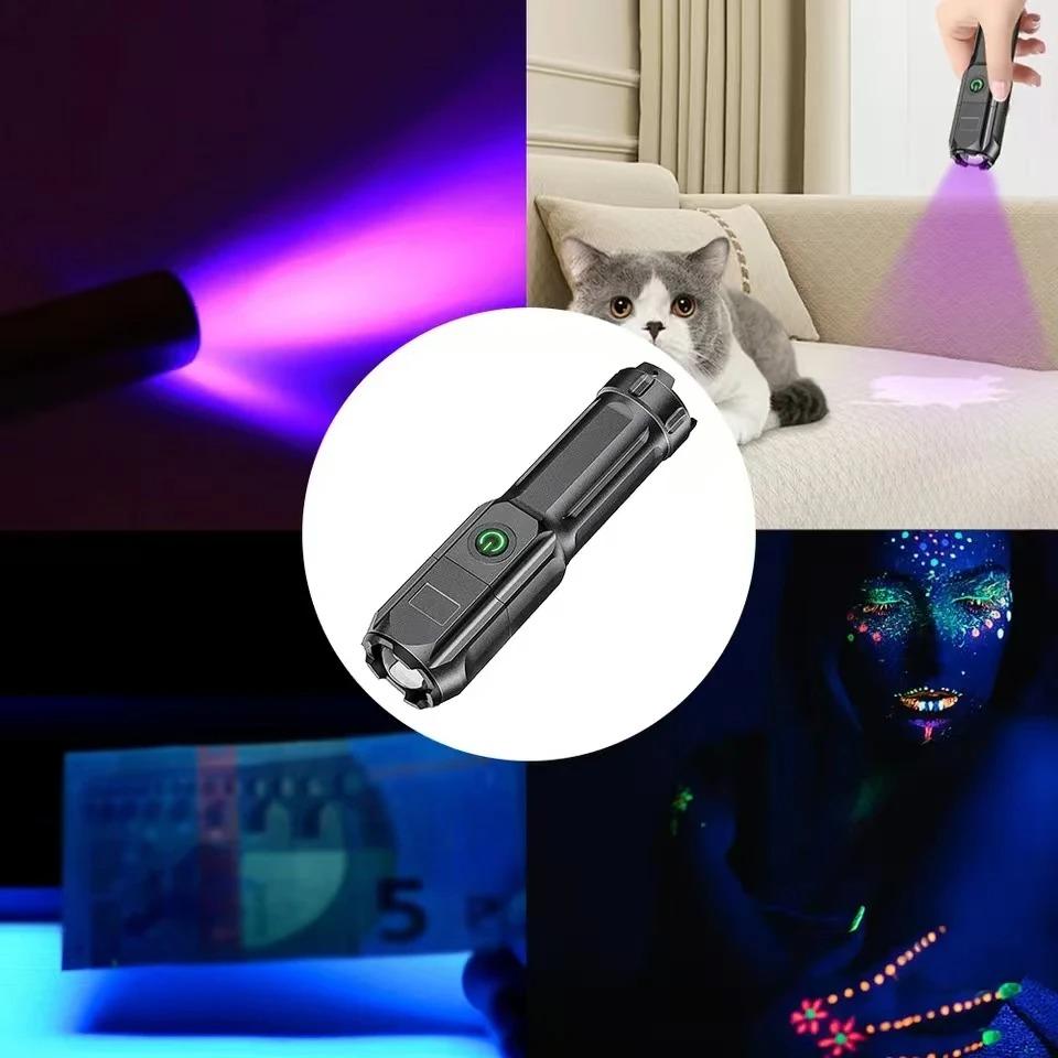Mini Purple light Very Strong Led Portable Flashlight High Power Rechargeable 3 Modes Camping Pet Stacks Fluorescent Detection