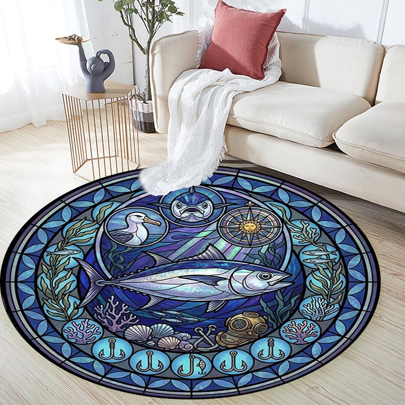 Ocean Life Glass Round Area Rug Under Office Chairs Bedroom Living Room Home Decor