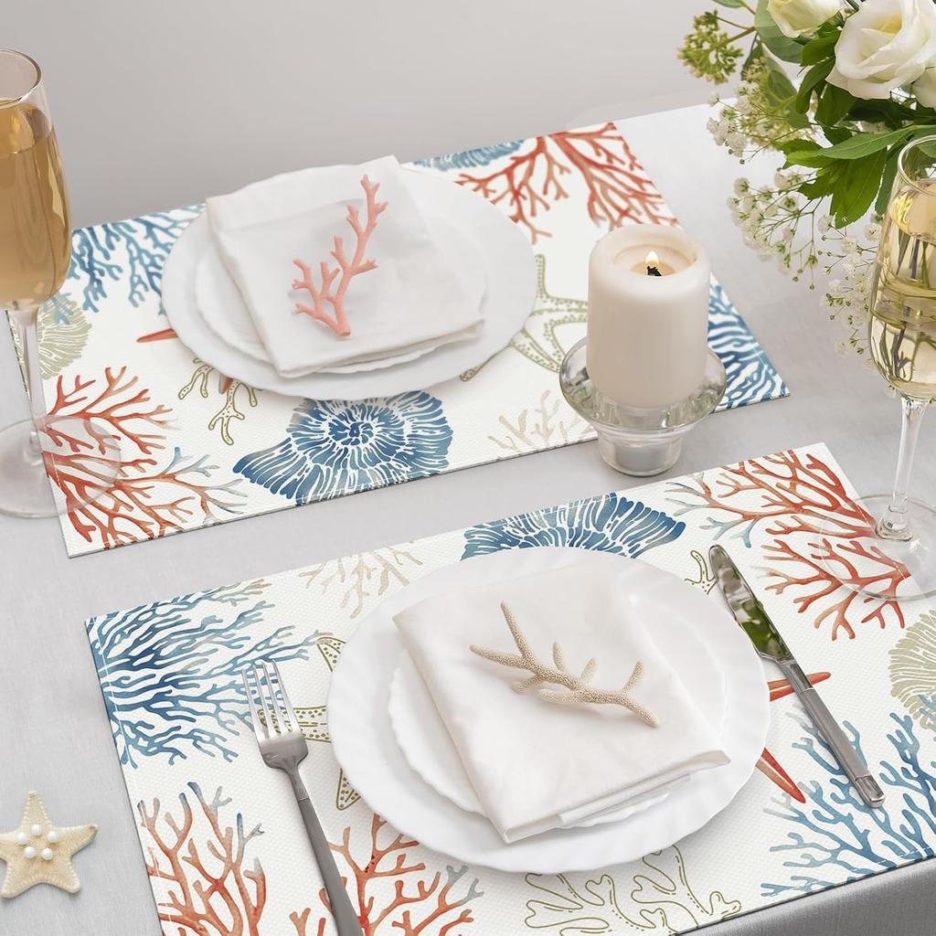 Bonhause Nautical Coastal Placemats Set of 4, 12x18 Inch Ocean Themed Starfish Coral Beach Kitchen Dining Table Mats Washable Place Mats for Indoor