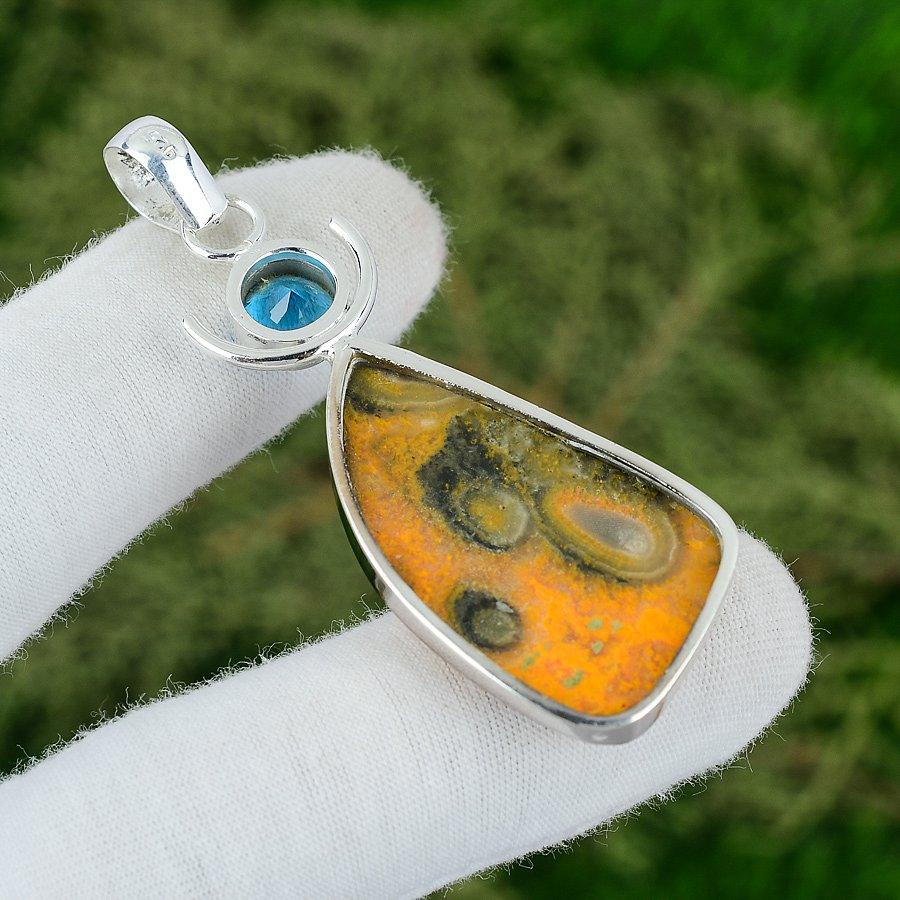 Natural Bumble Bee Jasper Swiss Blue Topaz 925 Sterling Silver Bezel New Pendant