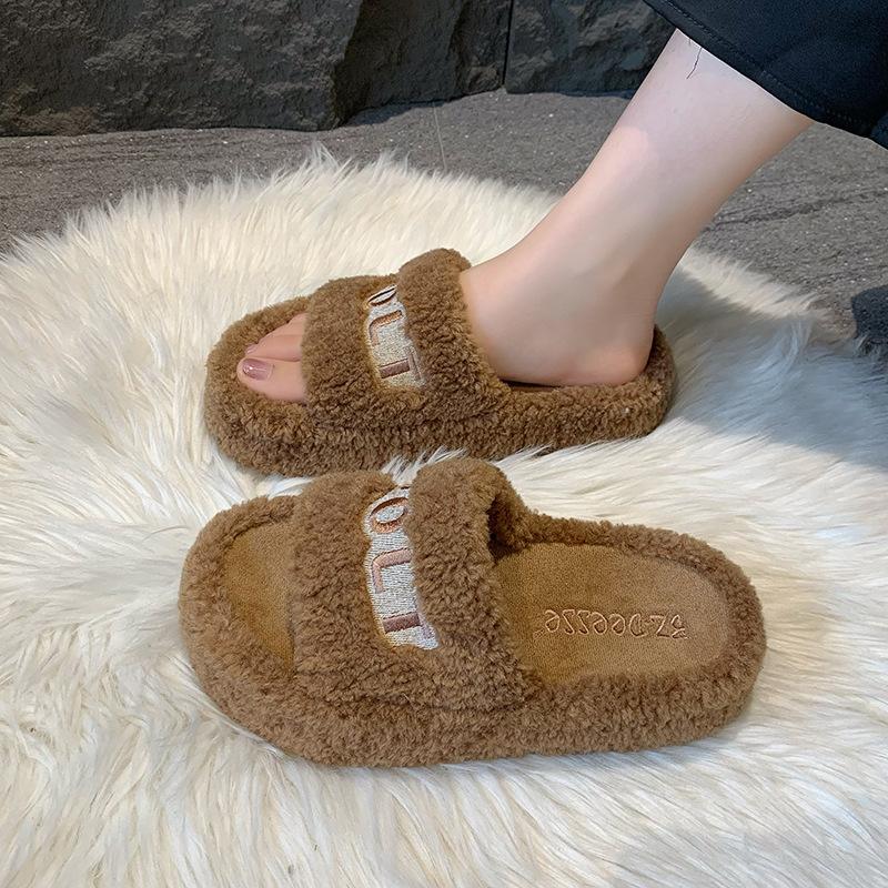 

Mao Mao slippers women wear thick soles 2024 autumn and winter new Internet celebrity Mao Mao shoes European fashion home plush slippers 40 хакі