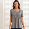 Women’s Shirts Round-neck Short Sleeves Loose Tops Pullover Pleated Stripes T-shirts Solid Color Summer Spring Casual Wear