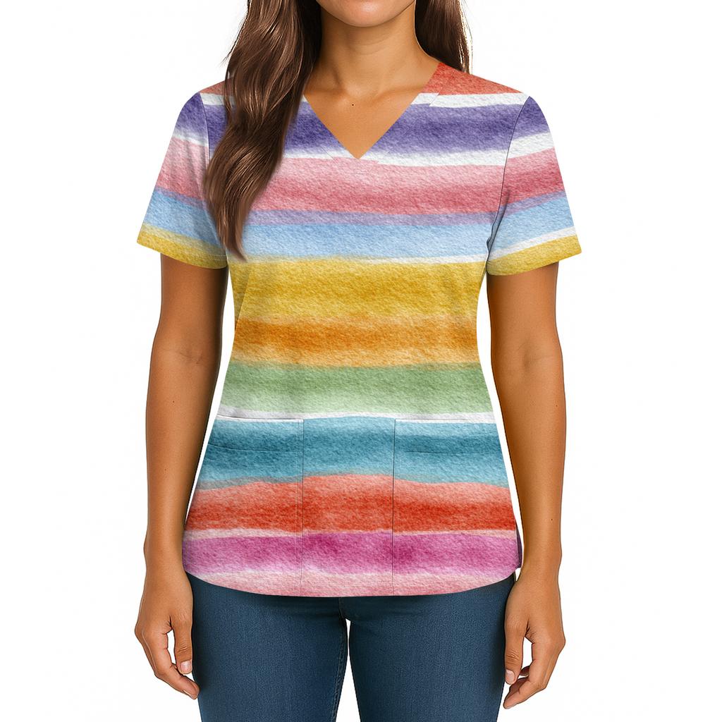 Women's Gradient Print V-Neck Double Pocket Short Sleeves Hem Slit Uniform Caregiver Top