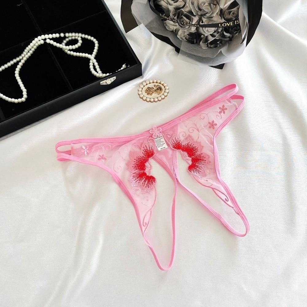 Stretchy Strappy Open Crotch Briefs Floral Embroidery Sheer Mesh Panties Lace Thong  Ladies Girls