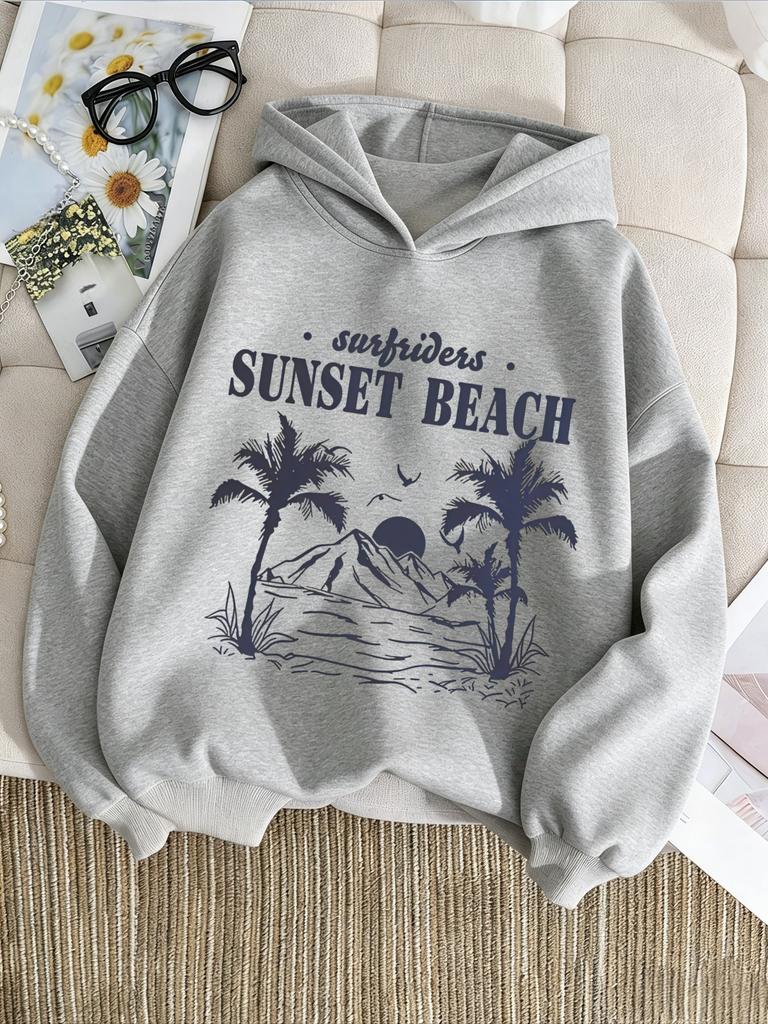 Latest American Retro Beach Sunset Print Children's Hooded Sweatshirt - Boys' and Girls' Loose Fitted Pullover Sweater