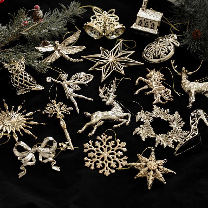 2025 Christmas Tree Ornaments Gold Plastic Elk Unicorn Angel Snowflake Hanging Pendants 2026 New Year Home Decoration Kids Gift