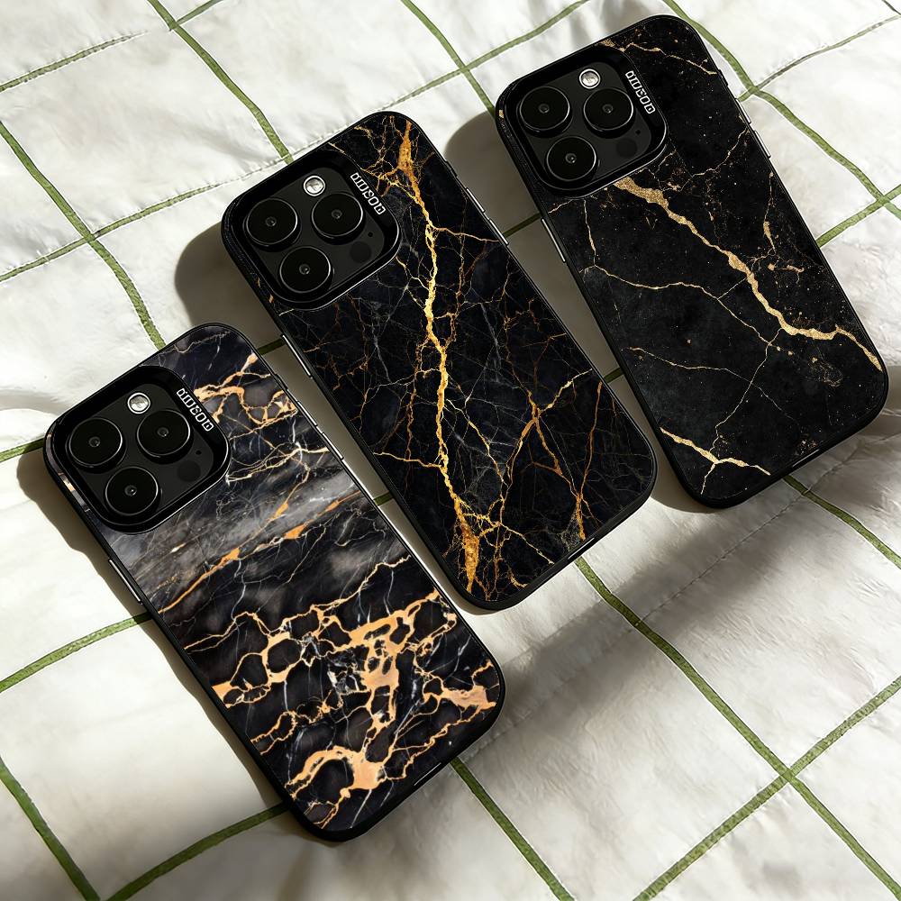 B-Black Gold Marble A-Art Phone Case For iPhone 17,16,15,14,13,12,11 Plus,Pro Max,XS,Colored Silver Plated Inside Cover