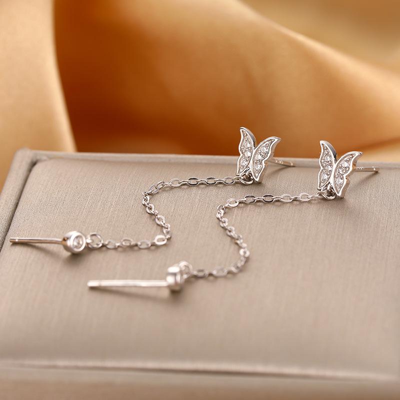 1 Paire Boucles d'Oreilles Pendants Longues Chaîne avec Pompon Couleur Argent Sterling Papillon Perle Ronde pour Femmes Filles Bijoux Pendientes Eh1668 Chaîne Tendance