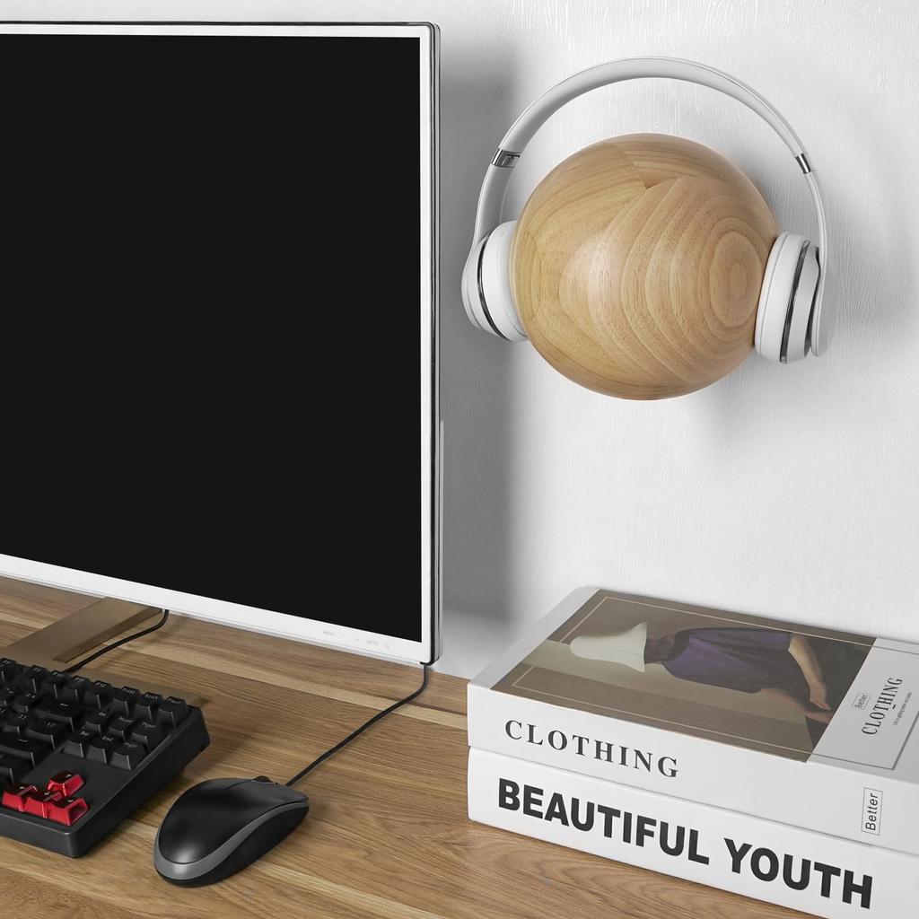 Geekria Wooden Sphere Headphone Stand, Headphone Wall Mount Headphone Holder, Headphone Hook Holder, Compatible with Bose, Sony, and Most Headphones