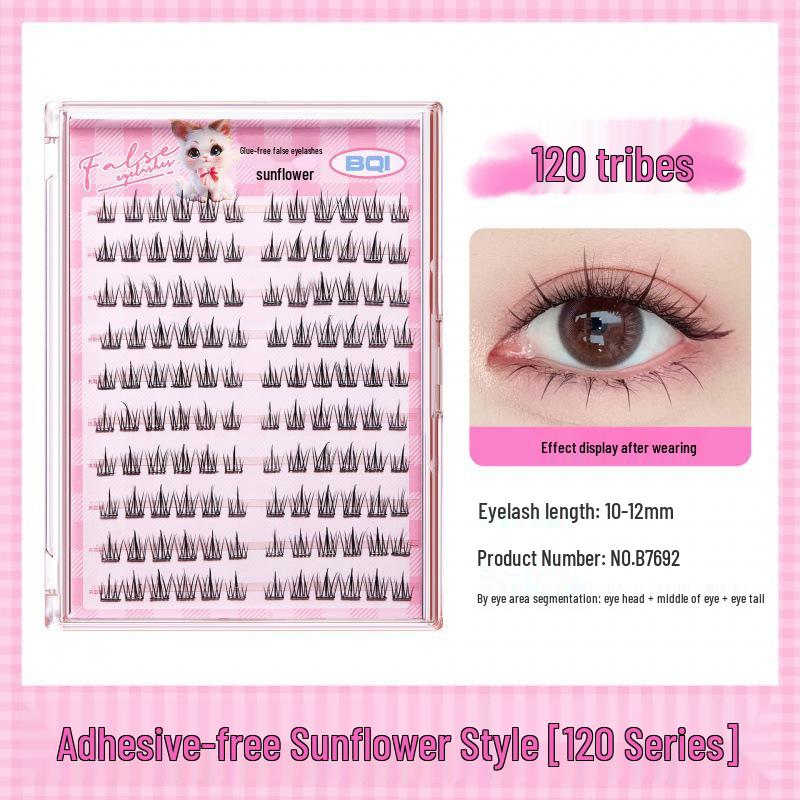BQI Glue-Free Single Cluster False Eyelashes, 10 Rows, Sunflower Design, Easy Three-Step Application