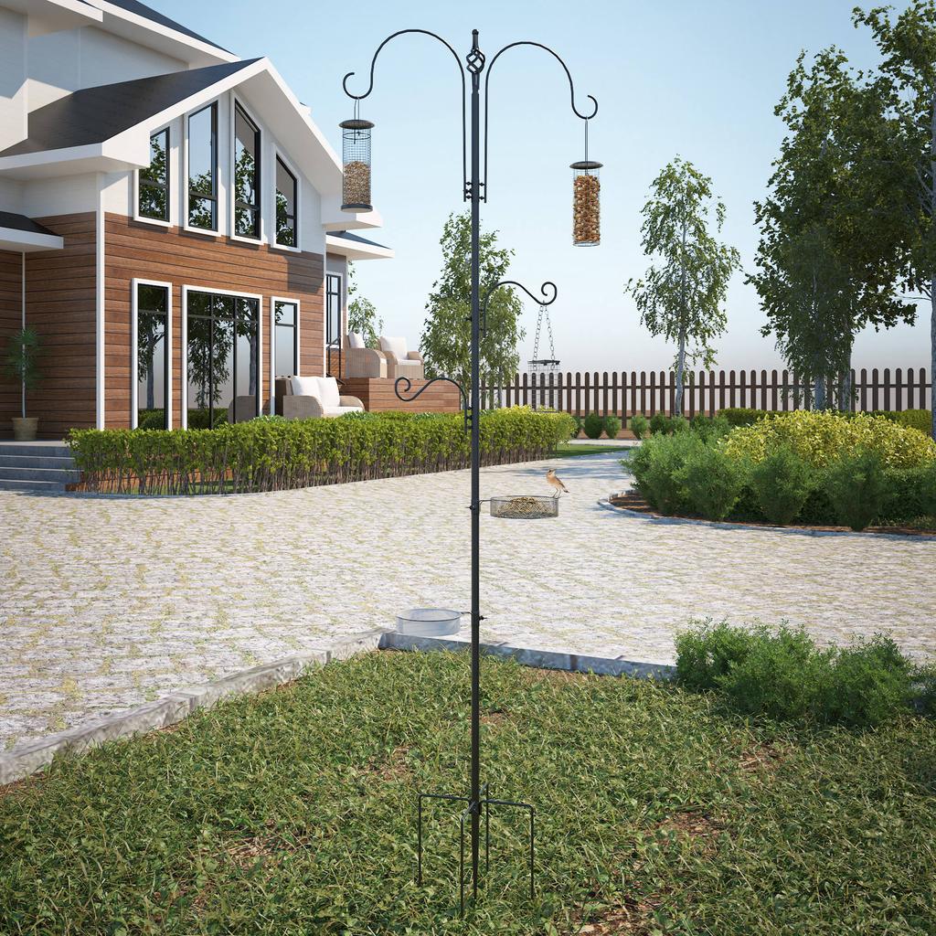 Steel bird feeder station, freestanding bird feeder 208H cm with 4 hooks, black