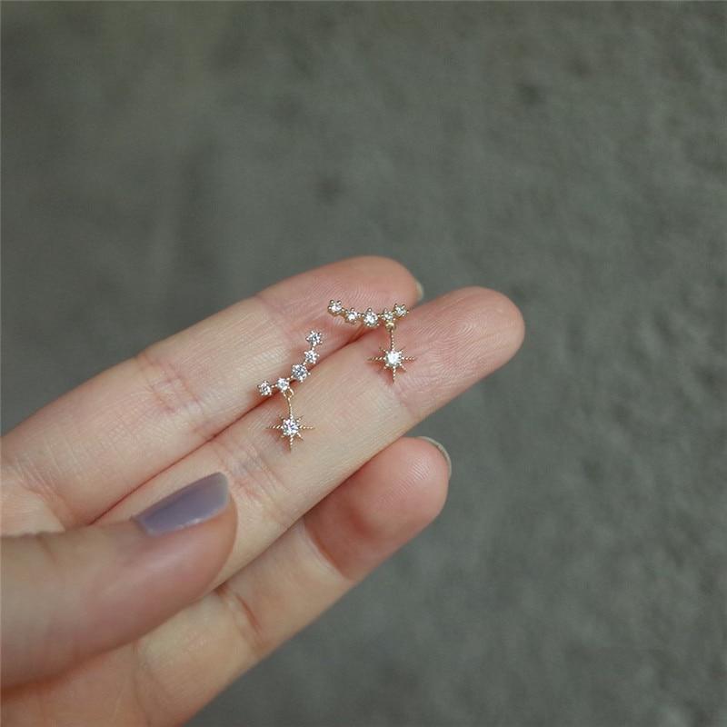 925 Sterling Silver Plating 14k Gold Crystal Star Sun Stud Earrings Women Elegant Banquet Jewelry