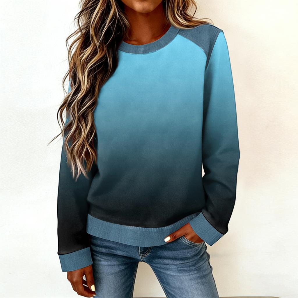 Felpa Casual da Donna con Collo in Denim Patchwork e Cuciture, Maglia a Manica Lunga
