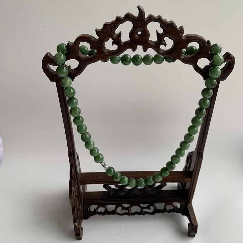 Natural Hetian Jade Jasper Necklace with Round Beads in Cabbage Green - 10mm