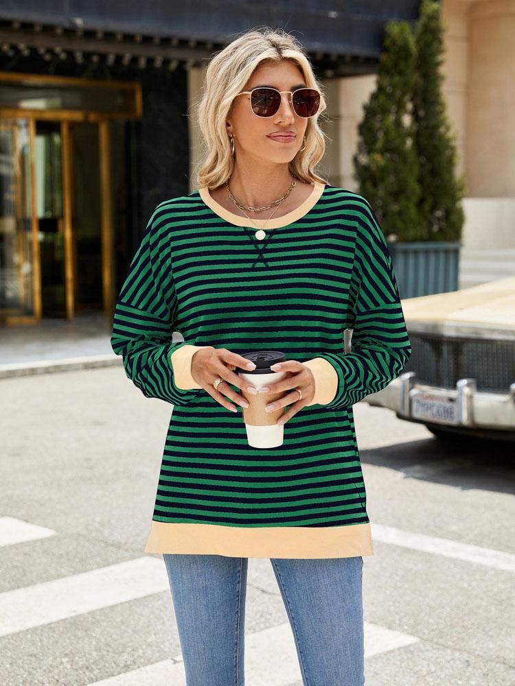 Elegant and Fashionable Autumn and Winter Comfortable Round Neck Striped Splicing Open Loose Long-sleeved Sweater Jacket Pullover Shirt Hoodies
