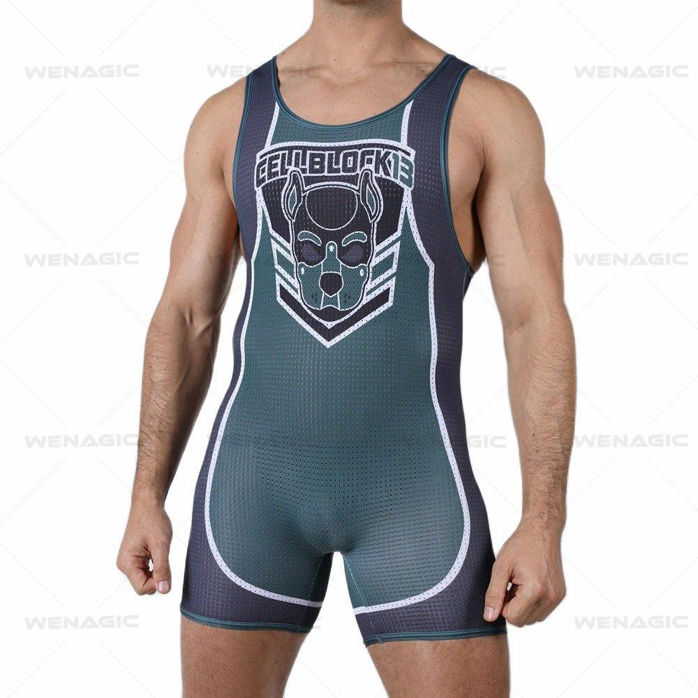 Men's one-piece wrestling suit, nylon breathable waist protection yoga fitness suit, sports cycling training suit