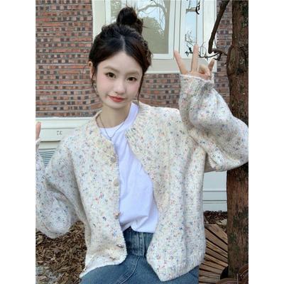 Round Neck Sweater Cardigan Women Autumn and Winter Soft Lazy Loose Design Colorful Dot Knitted Jacket