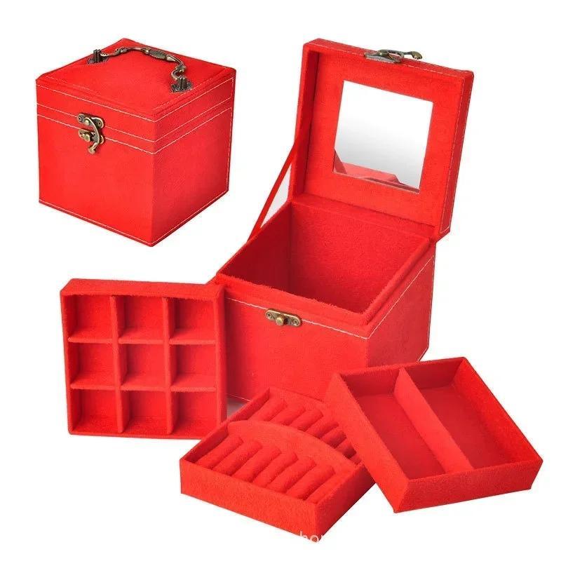 1 Pcs Multi-functional Three-layer Leather Drawer-style Jewelry Box Earrings Lock Jewelry Box Necklace Ring Storage Box