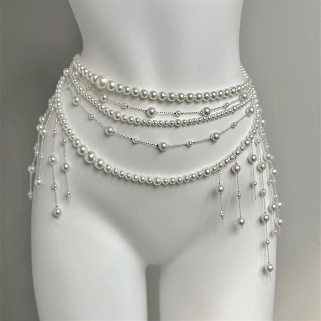 Adjustable Multilayer Faux Pearls Waist Belt Belly Chain for Women Retro Fashion Body Jewelry Stylish 90s Design