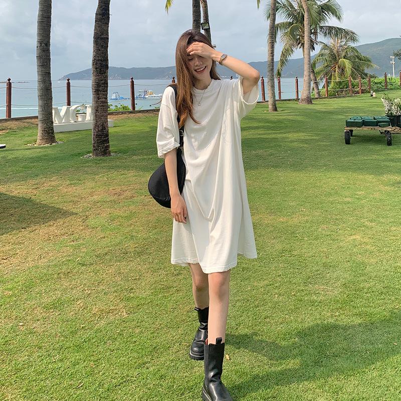 Women's Crew Neck Short Sleeve T Shirt Dress Loose Fit Solid Color A Line Midi Dress Casual Sundress