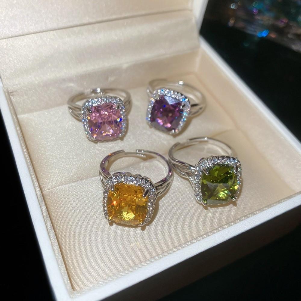 Big Square Crystal Open Ring Zircon Exaggerated Ring Flash Shiny Rhinestone Rings  Women Gift