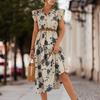 QICED Spring Summer Floral Print High Waist Short Sleeve V-neck Print Flysleeve Dress