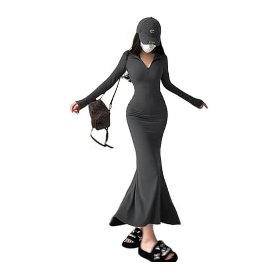 [Roseelynn] Women s Dress, Autumn/Winter, Sexy Flare Dress, Long Dress, Bodycon, Collared, Long Sleeve