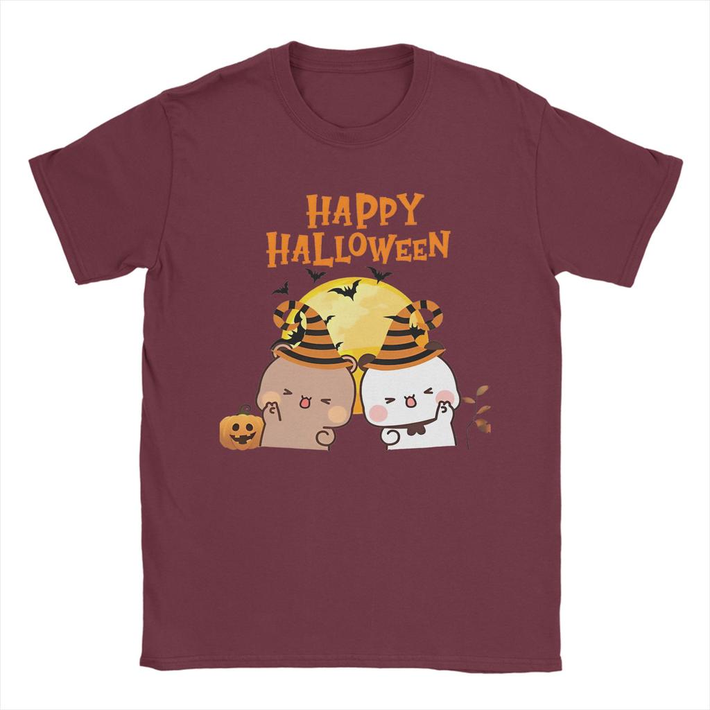 DuDu Bear and BuBu Panda Halloween T Shirt Men's Cotton Tops Aesthetic Kawaii Round Neck Short Sleeve