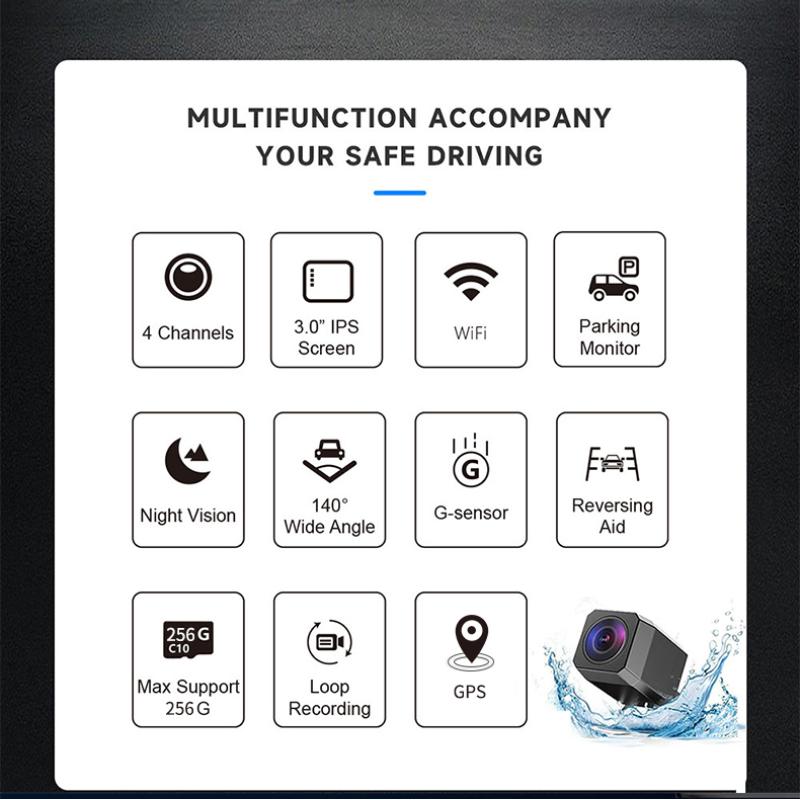 4-kanałowy rejestrator jazdy o wysokiej rozdzielczości 1080P z opcjonalną łącznością mobilną WIFI, pozycjonowaniem GPS, 24-godzinnym monitoringiem parkowania