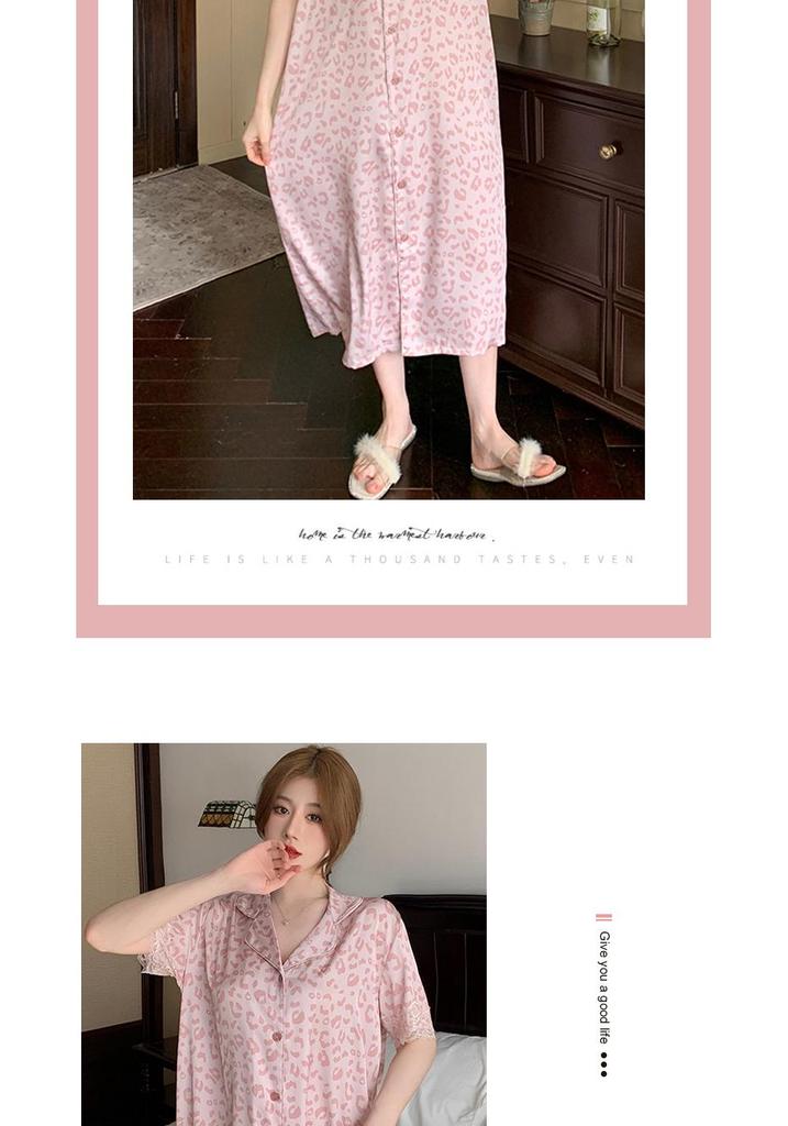 Summer Leopard Print Lace Ice Silk Nightgown - Women's Luxury Short Sleeve Sleepwear