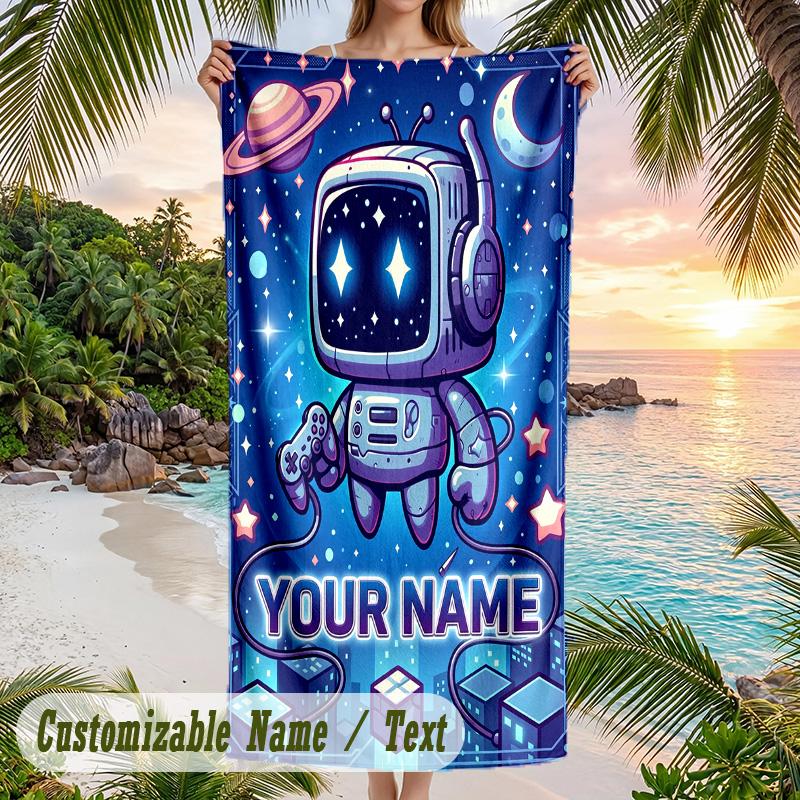 Astro Bot Beach Towel, Personalized Custom Text, Quick Dry Soft Large Towel For Swimming Pool Travel