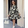 Women's Floral Print Long Sleeve Mini Dress Mock Neck Tie Waist Pleated A-Line Casual Dress for Daily Office Party