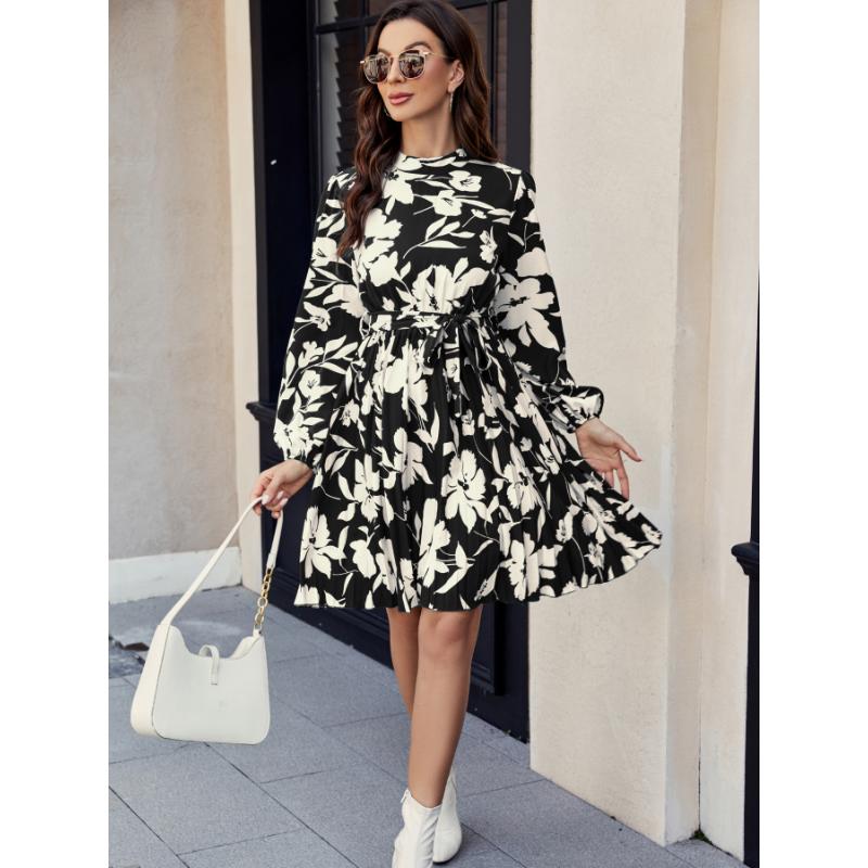 Women's Floral Print Long Sleeve Mini Dress Mock Neck Tie Waist Pleated A-Line Casual Dress for Daily Office Party