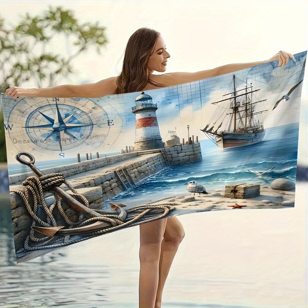 Ka Chen Muxi White Nautical Beach Towel With Lighthouse Ship Compass Anchor Design Soft Microfiber Hand Wash Only Perfect For Summer Fun
