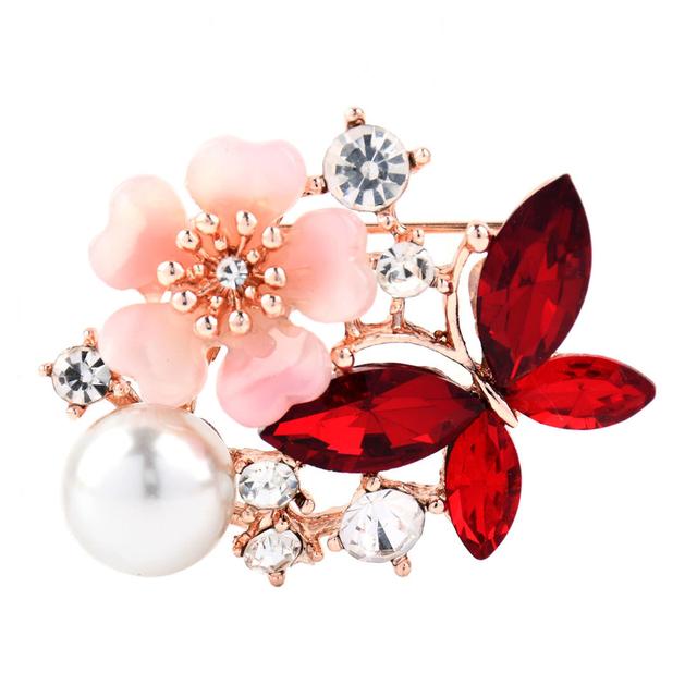 Rhinestone Flower Pearl Butterfly Pin Brooches Classic For Women Insect Event Gathering Office Butterfly Pin Brooch Giveaway GiftsFlower Jewelry красный