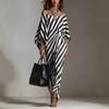 Black and White Striped Loose Dress, One-word Shoulder Bat Sleeve Side Kink Split Fork Light Luxury Women's Clothing