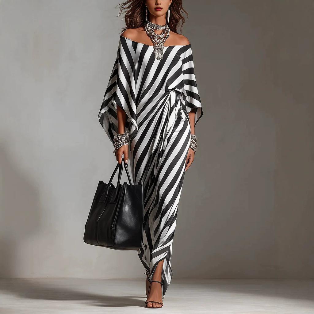 Black and White Striped Loose Dress, One-word Shoulder Bat Sleeve Side Kink Split Fork Light Luxury Women's Clothing