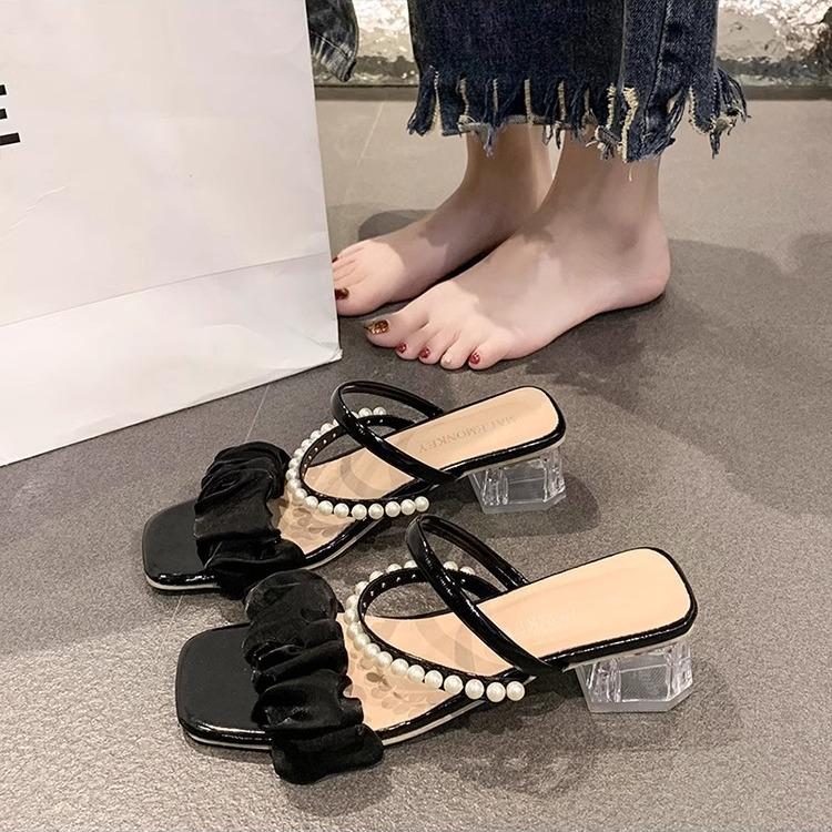 Two Wearing Sandals Female 2025 Summer New Internet Celebrity Fairy Wind Thick Heel Non-slip Outer Wear Crystal High Heel Cool Slippers