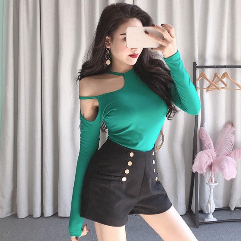 Camiseta de Manga Larga con Hombro Frío y Cuello Asimétrico para Mujer