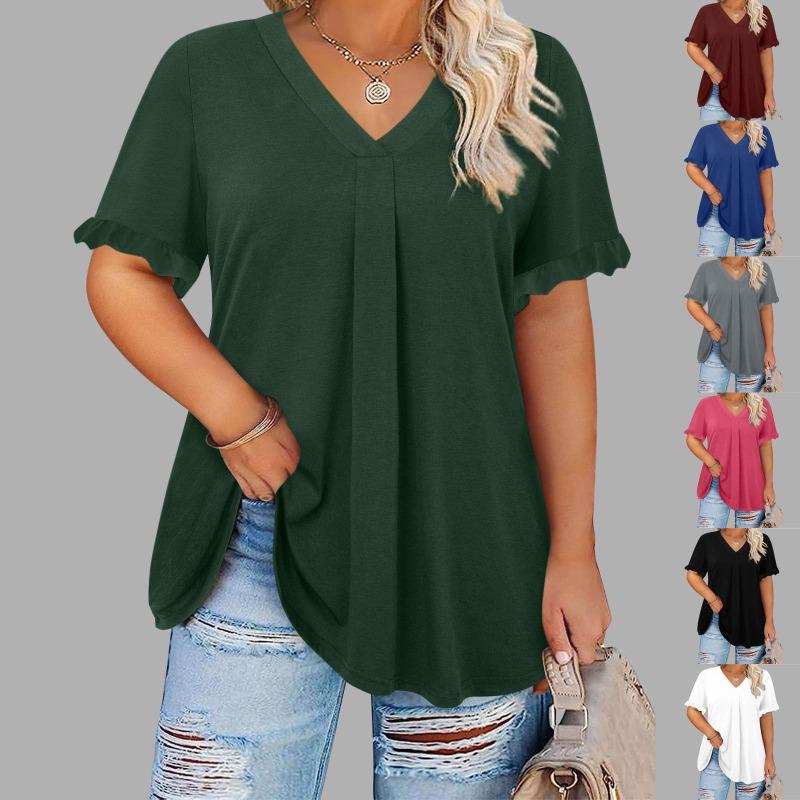 Women S Plus Size Casual Solid Short Sleeve Petal Sleeve V Neck Top